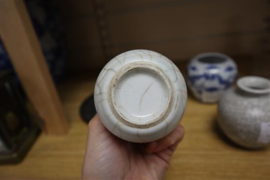 Two Chinese crackle glaze vases and a blue and white vase tallest 9.5cm